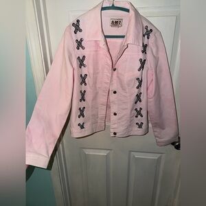AMI Women’s Pink Embroidered Button-Front Jacket. Size L